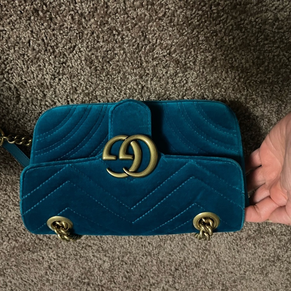 Gucci Teal Velvet Crossbody Bag mini marmont GG